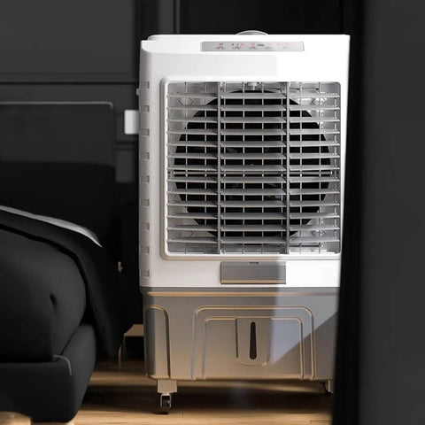 Portable Evaporative Air Cooler With Ice Packs And Water Tank, Three In One Swamp Cooling Unit For Room Or Office, Whisper Quiet Design is near a bed.