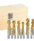 Front view of Accusize 20-piece TiN-coated HSS end mill set in a wood case (3/16–3/4 in, 2F/4F, straight shank)