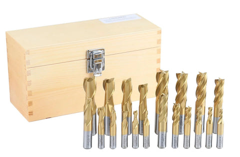 Front view of Accusize 20-piece TiN-coated HSS end mill set in a wood case (3/16–3/4 in, 2F/4F, straight shank)