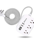 Flat Design Power Strip With USB Ports And 5 Foot Extension Cord Game Changer Travel Kit showcasing three AC outlets and USB ports on a white design.