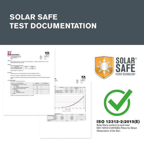Solar Eclipse Telescope Filter ISO 12312-2 Compliant test documentation and certification details.
