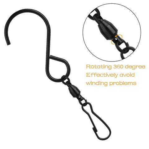 Close-up of 12 Pack Swivel S Hooks For Wind Spinners Stainless Steel Rustproof Outdoor Garden Hardware Heavy Duty Black Hanging Clips.