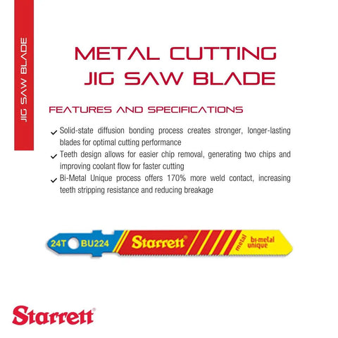 Bi-Metal Jigsaw Blade With Unified Shank For Metal Cutting, 2-Inch Length, 5/16-Inch Width,.040-Inch Thickness, 24 TPI, Wavy Set, 20-Pack, Pro Grade, Built-To-Last High-Speed Steel, product features displayed on packaging