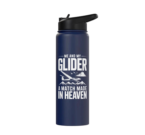 Funny Sailplane Pilot Water Bottle Insulated Stainless Steel For Glider Fans And Aero Tow Crew Hydration On Final Glide And Thermal Hunts Great Gift For Aviation Enthusiasts And Weekend Flight School Students navy bottle with glider text design.