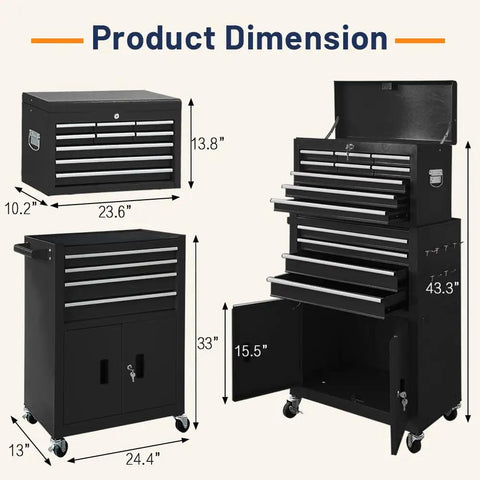 Heavy Duty Tool Chest And Rolling Cart Combo, Built Tough With Cold Rolled Steel, Smooth Ball Bearing Glides, Secure Locking Cabinet, Rock Solid Garage Workhorse Mobile Storage Organizer For Any Shop Setup In Black