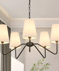 5 Light Modern Chandelier With White Fabric Shades, Sleek Black Dope Ceiling Pendant for Dining Room, Adjustable Height