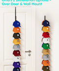 Heavy Duty Metal Hat Organizer For Baseball Caps Over The Door Cap Rack Holds Eighteen Plus Pieces, showcasing caps on door.