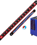 Heavy Duty Three Eighth Inch Magnetic Socket Organizer Rail With Aluminum Alloy Construction, 14 Clips, 360 Degree Swivel Tool Tray, Red