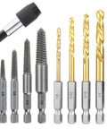 11 Piece Stripped Screw Extractor Set With Left Hand Drill Bits And Bolt Extractors For Removing Damaged Screws Bolts And Studs Quick Change Adapter Included Hex Shank Beast DIY Ready, including 5 bolt extractors and 6 metal drill bits with sizes labeled from 1/8 to 1/4 inch.