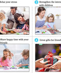 Collage depicting people enjoying crafts and gift-wrapping, emphasizing stress relief and interaction offered by Extra Large Diamond Painting Kit For Adults 5D Full Drill With DMC Codes, Easy DIY For Beginners, Relaxing Arts And Crafts Home Decor Gift, 28x16 Inch Boot Design, Pre Sorted Diamonds And Tools Included.