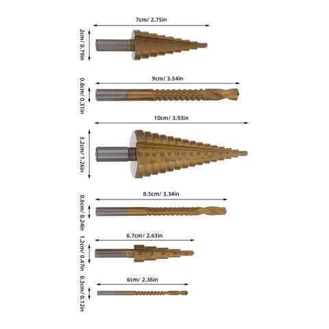 Premium Hss Step Drill Bit Kit 6 Piece Set With Spiral Grooves For Smooth Edges Countersink Design Plus Storage Box Perfect For Diy Pros And Home Projects On Metal Sheet And Wood, 6 sizes