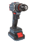 Heavy Duty Cordless Drill Kit With Slick Brushless Engine Delivering Up To 1500 RPM And 25 Precise Torque Gears angled view, showing battery and adjustable torque settings.