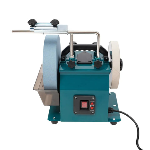 Heavy Duty Wet Bench Grinder Built Tough To Run Butter Smooth With Variable Speed Control For Dang Sharp Knives Axes Chisels And Everyday Sharpening Tasks, side view showcasing motor and water reservoir.