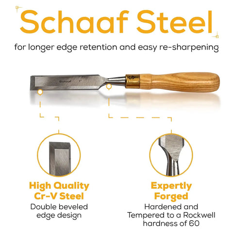 Built Tough 4 Piece Bench Chisel Set For Serious Woodworkers Carved From Top Shelf Chrome Vanadium Steel Blades; showcasing a single chisel.