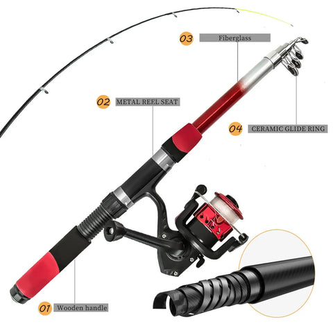 Fly Rod And Reel Combo For Travel And All Terrain Fishing With Telescopic Rod featuring metal reel seat and ceramic glide rings.