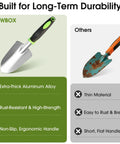Comparison of durable trowel from 10 Piece Garden Tool Set With Heavy Duty Storage Tote Workhorse Includes Pruner Trowel with another brand.