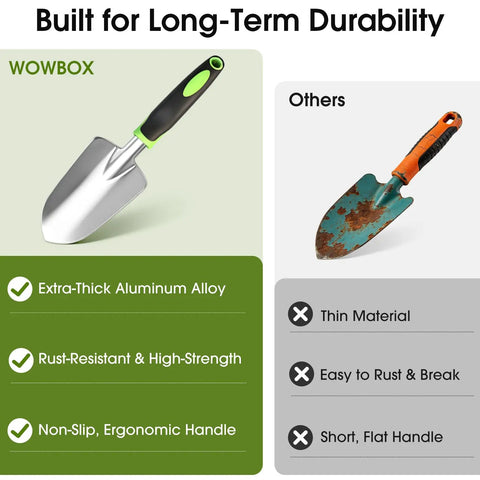 Comparison of durable trowel from 10 Piece Garden Tool Set With Heavy Duty Storage Tote Workhorse Includes Pruner Trowel with another brand.
