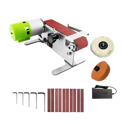 Mini Electric Belt Sander With Seven Speed Settings For Precision Sanding Polishing And Grinding Woodworking Metal Sharpening Project Includes Ten Durable Sandpaper Belts and attachments.