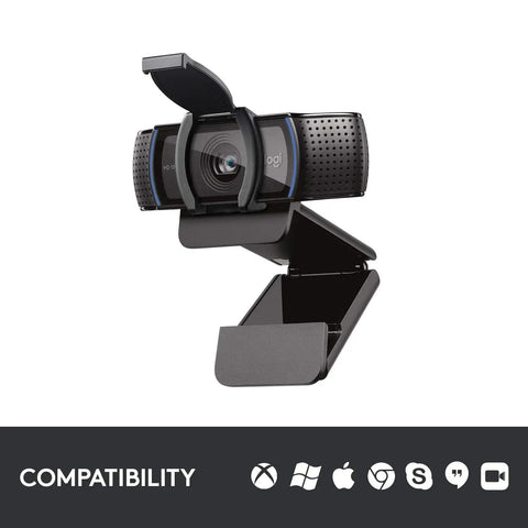 Straight Fire Top Tier HD Webcam Featuring Quick Release Privacy Shutters 1080P Full HD Auto Focus Stream Or Call Crystal Clear Stereo Mic Plug In Ready For PC Laptop mounted on a stand.