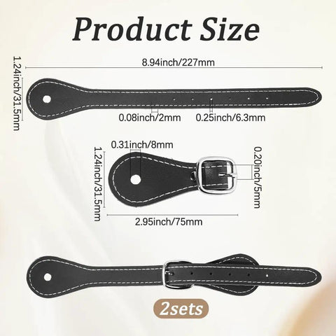 Two Pieces Handmade PU Leather Spur Straps For Western Riding With Adjustable Buckle Double Ply Reinforced Stitching Black Spurs Belts For Men And Women Cowboy Gear And Horse Rider Accessories, showing dimensions and buckle detail.