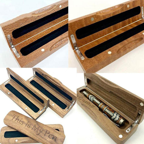 Wooden box with 90-degree bronze hinges holding a pen, showcasing durable zinc alloy hinges from 20 Pack Small Wooden Box Hinges With Screws.