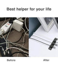 Magnetic Cable Holder Clips Dope Desk Organizer For All Wires, 2 Pack In Black And White, shows before and after cable management