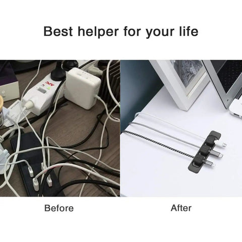Magnetic Cable Holder Clips Dope Desk Organizer For All Wires, 2 Pack In Black And White, shows before and after cable management