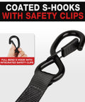 Heavy Duty Self Retracting Tie Down Straps 1 Inch By 12 Feet With Soft Loops, 1500 Pound Break Strength, showing coated S-hooks