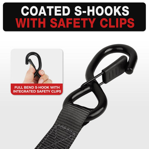 Heavy Duty Self Retracting Tie Down Straps 1 Inch By 12 Feet With Soft Loops, 1500 Pound Break Strength, showing coated S-hooks