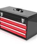 20 Inch Portable Metal Tool Box With Three Drawers And Top Tray, Grab And Go Latch Closed Organizer Chest For Garage, Home And Warehouse, Red And Black, Built Tough For Quick Access And A Clean, Efficient Workspace. black and red metal tool box with handle
