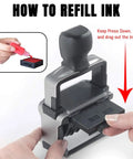 How to refill ink in Built Like A Tank Custom Date Stamp with personalized text, showing refill process and ink pad removal.