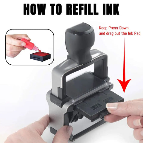 How to refill ink in Built Like A Tank Custom Date Stamp with personalized text, showing refill process and ink pad removal.