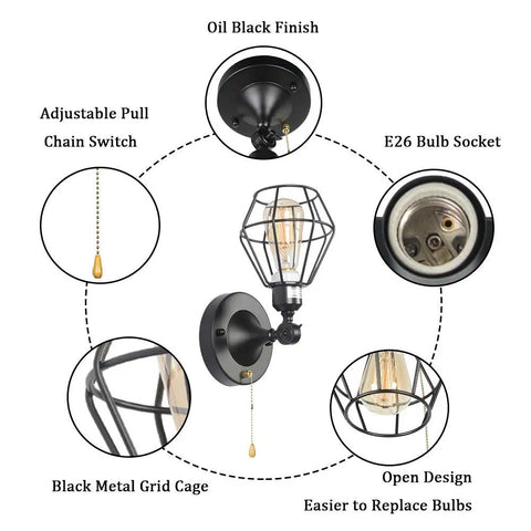 Dope Black Metal Wire Cage Ceiling Light With Pull Chain showing details of bulb socket, chain switch, and grid cage.