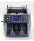 Heavy Duty Money Counter Machine With Ultraviolet And Magnetic Detection For Authenticating Legit Currency and Sorting Mixed Denomination Bills Quick Sync Tech front view with control panel and bill feed.