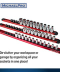 Heavy Duty Aluminum Socket Organizer Rail Set for one quarter inch, three eighths inch, and one half inch drive sockets