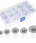 Rivet Nut Assortment Kit 150 Pieces Aluminum Flat Threaded Inserts In SAE Sizes 6-32 8-32 10-24 10-32 1/4-20 in plastic case