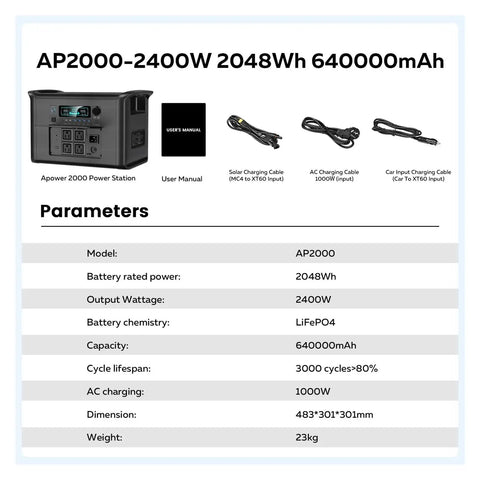 Hella Reliable Portable Solar Power Station 2400W 2048Wh with cables and user manual, showing parameters and dimensions.