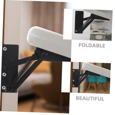 2-pack JECOMPRIS folding hinge lifting brackets; black metal with springs, shown in front, side and installed views.