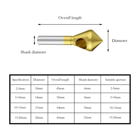 Diagram of Titanium Coated Countersink Chamfer Deburring Tool Set, 4 Pc High Speed Steel 6542 Bits With Titanium Plating, size details shown.