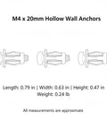 Diagram of Hollow Wall Anchors M4 x 20mm Kit with dimensions shown, for plasterboard mounting.