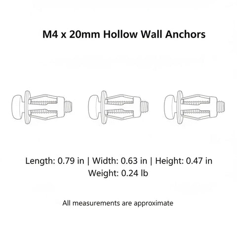 Diagram of Hollow Wall Anchors M4 x 20mm Kit with dimensions shown, for plasterboard mounting.