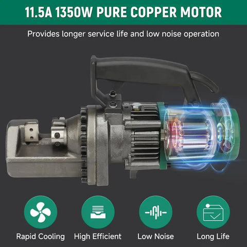 Heavy Duty 7/8 Inch Electric Hydraulic Rebar Cutter showing 1350W pure copper motor for efficient low noise operation.