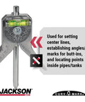 Jackson Safety pipe marker centering tool with 4-inch Y-type head and built-in bubble level; Curv-O-Mark logo visible.