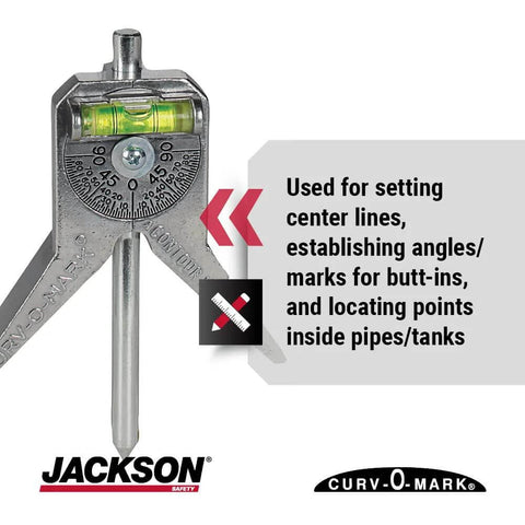 Jackson Safety pipe marker centering tool with 4-inch Y-type head and built-in bubble level; Curv-O-Mark logo visible.