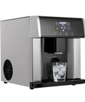 Dead Simple Two In One Countertop Ice Maker And Water Chiller Station For Home Bars With Fast Custom Cube Making And Rock Solid Scratch Resistant Outer Shell, showing ice-filled glass.
