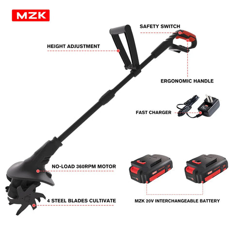 Cordless 20V Tiller Cultivator with 8 inch wide steel tines, dual 2Ah batteries, ergonomic handle, and fast charger visible.