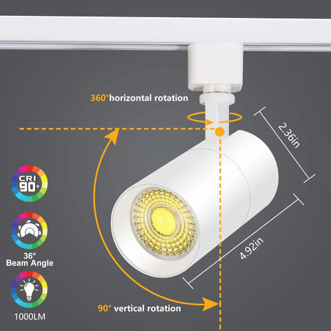 Three Color Adjustable 10W LED Track Lighting Heads Pack of 4 Dimmable 1000 Lumen Output 36 Degree Spotlight Beam 3000K 4000K 5000K Flicker Free CRI90 Plus Matte White Ceiling Fixtures showing rotation and dimensions.