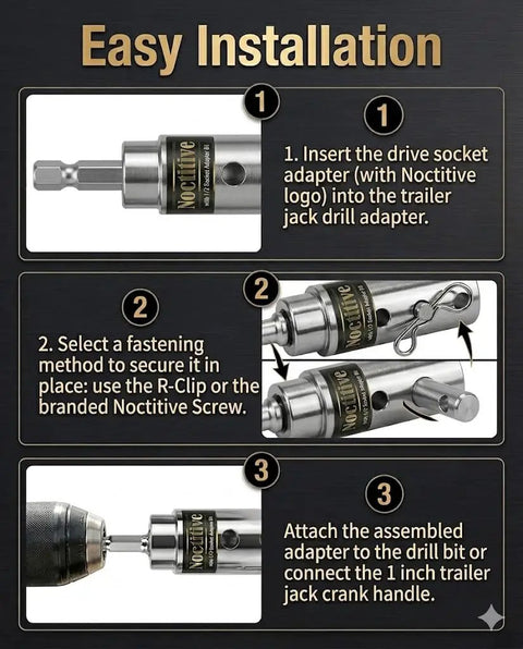 Installation guide for Trailer Jack Drill Adapter Kit 1 Inch Drive Shaft 2 In 1 For Cordless Drill And Ratchet Stainless Steel