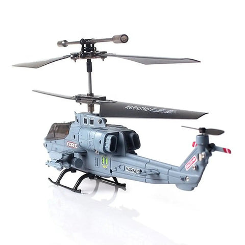 S108G 3.5 Channel RC Helicopter With Gyro for stable indoor flight, gray design, viewed from side, rotor blades visible