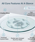 Workhorse Tempered Glass Lazy Susan Turntable with 360 Degree Silent Bearing showing thick glass and aluminum base features.